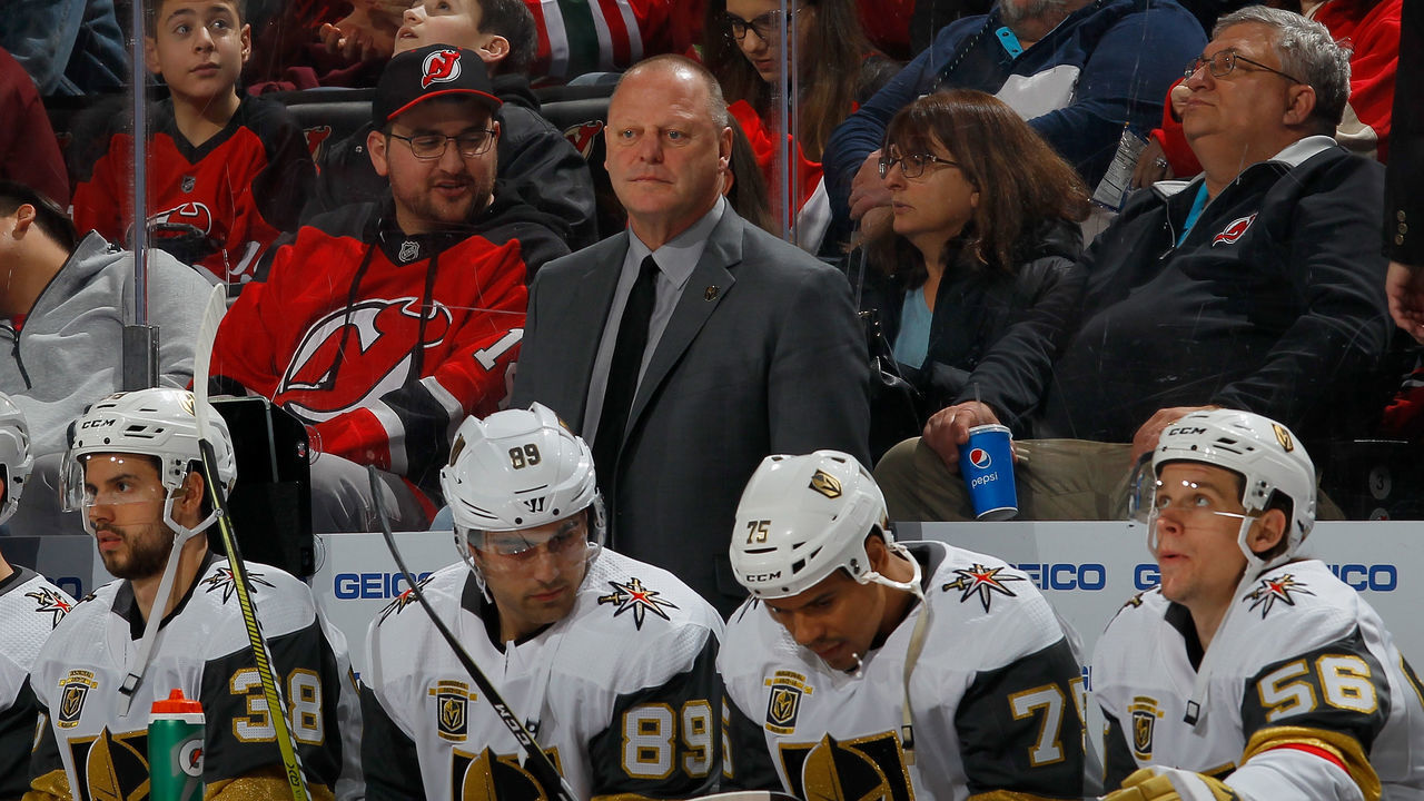 NEWARK, NJ - MARCH 04: Head coach Gerard Gallant of the Vegas Golden Knights looks on against the New Jersey Devils on March 4, 2018 at Prudential Center in Newark, New Jersey. The Golden Knights defeated the Devils 3-2.