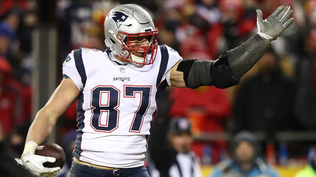 KANSAS CITY, MISSOURI - JANUARY 20: Rob Gronkowski #87 of the New England Patriots reacts after a first down in the second half against the Kansas City Chiefs during the AFC Championship Game at Arrowhead Stadium on January 20, 2019 in Kansas City, Missouri.