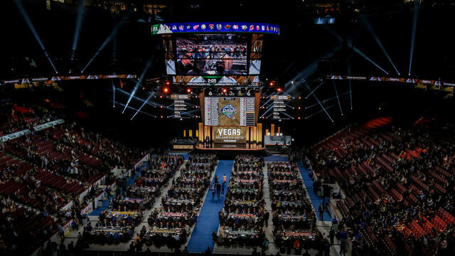 VANCOUVER, BC - JUNE 22: A general view of the draft floor prior to the Vegas Golden Knights pick during the third round of the 2019 NHL Draft at Rogers Arena on June 22, 2019 in Vancouver, British Columbia, Canada.