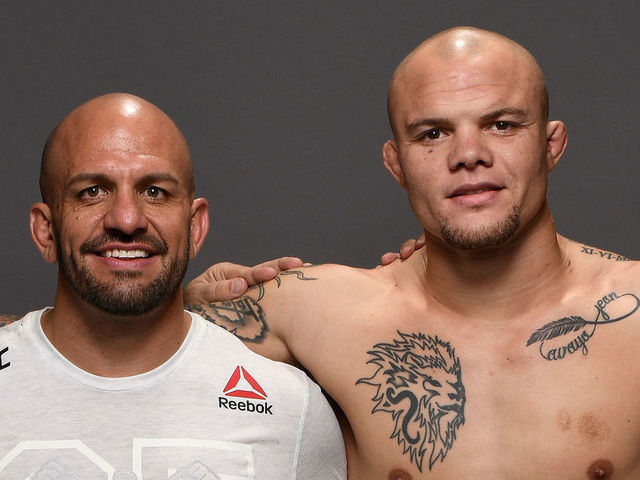 MONCTON, NB - OCTOBER 27: Anthony Smith poses for a portrait backstage with his team after his victory over Volkan Oezdemir during the UFC Fight Night event inside Avenir Centre on October 27, 2018 in Moncton, New Brunswick, Canada.