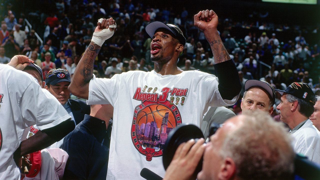 SALT LAKE CITY - JUNE 14: Dennis Rodman of the Chicago Bulls celebrates winning the 1998 NBA Championship after defeating the Utah Jazz in Game Six of the 1998 NBA Finals against the Chicago Bulls at the Delta Center on June 14, 1998 in Salt Lake City, Utah. The Bulls defeated the Jazz 87-86. NOTE TO USER: User expressly acknowledges that, by downloading and or using this photograph, User is consenting to the terms and conditions of the Getty Images License agreement. Mandatory Copyright Notice: Copyright 1998 NBAE