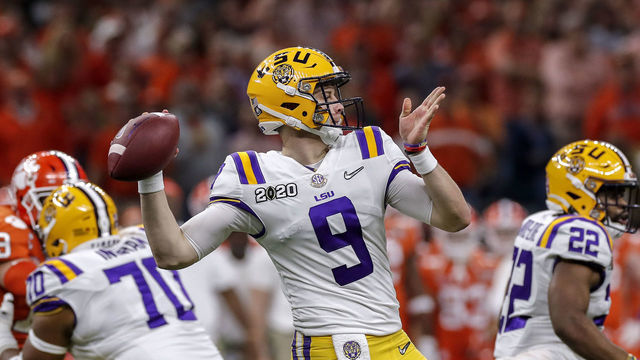 NEW ORLEANS, LA - JANUARY 13: Quarterback Joe Burrow #9 of the LSU Tigers on a pass play during the College Football Playoff National Championship game against the Clemson Tigers at the Mercedes-Benz Superdome on January 13, 2020 in New Orleans, Louisiana. LSU defeated Clemson 42 to 25.