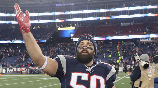 FOXBORO, MA - JANUARY 14: Rob Ninkovich #50 of the New England Patriots reacts after the Patriots 34-16 victory over the Houston Texans in the AFC Divisional Playoff Game at Gillette Stadium on January 14, 2017 in Foxboro, Massachusetts.