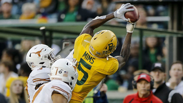 WACO, TX - NOVEMBER 23: Baylor Bears wide receiver Denzel Mims (5) catches a pass during the game between the Baylor Bears and the Texas Longhorns on November 23, 2019 at McLane Stadium in Waco, Texas.
