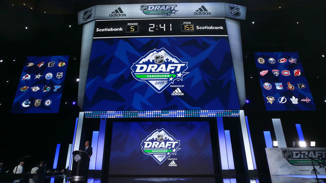 VANCOUVER, BRITISH COLUMBIA - JUNE 22: A general view of the draft board is seen during Rounds 2-7 of the 2019 NHL Draft at Rogers Arena on June 22, 2019 in Vancouver, Canada.