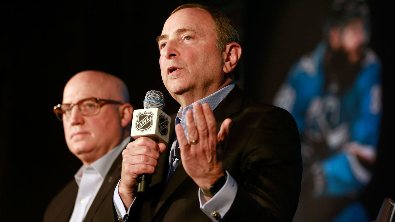 SAN JOSE, CA - JANUARY 25: NHL Commissioner Gary Bettman speaks at a press conference and Innovation Spotlight as part of the 2019 NHL All-Star weekend on January 25, 2019 in San Jose, California.