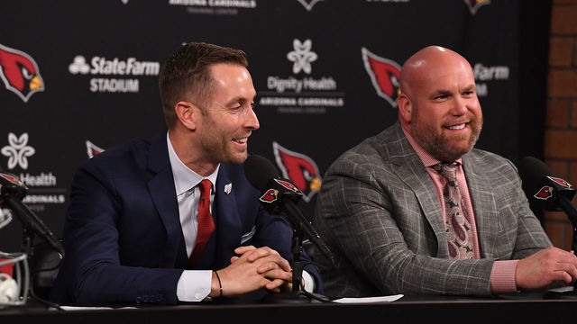 TEMPE, AZ - JANUARY 09: Arizona Cardinals new head coach Kliff Kingsbury and general manager Steve Keim (R) talk to the media at the Arizona Cardinals Training Facility on January 9, 2019 in Tempe, Arizona.