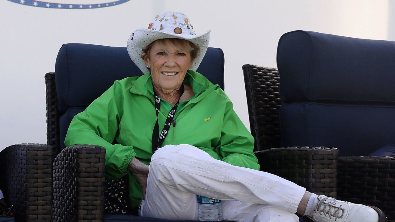 PHOENIX, AZ - MARCH 17: (L-R) LPGA 'Founders' Shirley Spork, Marlene Hagge Vossler and Susie Maxwell Berning sit off the 18th green during the third round of the Bank Of Hope Founders Cup at Wildfire Golf Club on March 17, 2018 in Phoenix, Arizona.