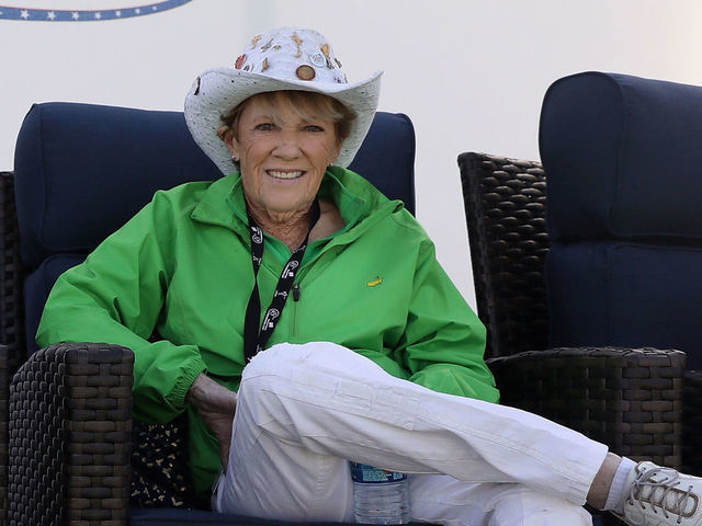 PHOENIX, AZ - MARCH 17: (L-R) LPGA 'Founders' Shirley Spork, Marlene Hagge Vossler and Susie Maxwell Berning sit off the 18th green during the third round of the Bank Of Hope Founders Cup at Wildfire Golf Club on March 17, 2018 in Phoenix, Arizona.