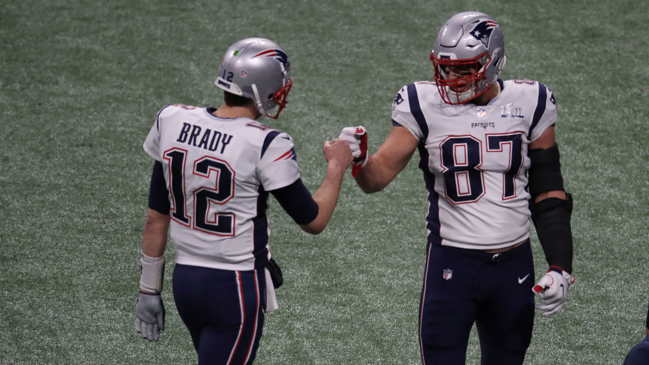 ATLANTA, GA - FEBRUARY 3: New England Patriots quarterback Tom Brady and Rob Gronkowski before the New England Patriots play the Los Angeles Rams in Super Bowl LIII at Mercedes-Benz Stadium in Atlanta on Feb. 03, 2019.