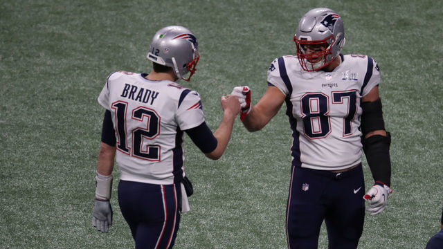 ATLANTA, GA - FEBRUARY 3: New England Patriots quarterback Tom Brady and Rob Gronkowski before the New England Patriots play the Los Angeles Rams in Super Bowl LIII at Mercedes-Benz Stadium in Atlanta on Feb. 03, 2019.