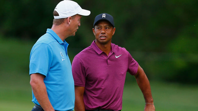 DUBLIN, OH - MAY 30: Former NFL player, Peyton Manning, speaks with Tiger Woods during the Pro-Am prior to The Memorial Tournament presented by Nationwide at Muirfield Village Golf Club on May 30, 2018 in Dublin, Ohio.