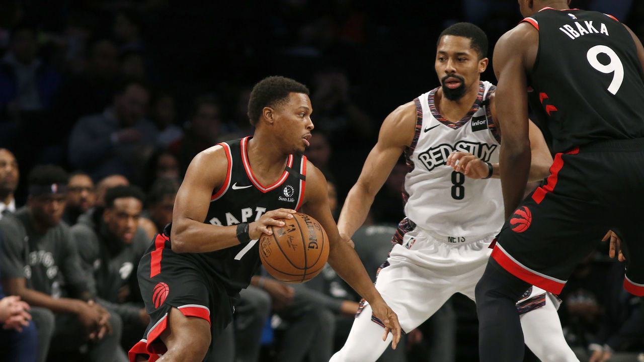 NEW YORK, NEW YORK - JANUARY 04: (NEW YORK DAILIES OUT) Kyle Lowry #7 of the Toronto Raptors in action against Spencer Dinwiddie #8 of the Brooklyn Nets at Barclays Center on January 04, 2020 in New York City. The Raptors defeated the Nets 121-102.