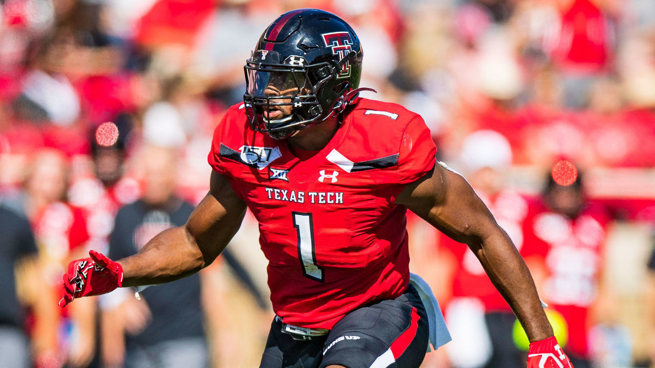 LUBBOCK, TEXAS - OCTOBER 05: Linebacker Jordyn Brooks #1 of the Texas Tech Red Raiders rushes into the backfield during the first half of the college football game against the Oklahoma State Cowboys on October 05, 2019 at Jones AT&T Stadium in Lubbock, Texas.