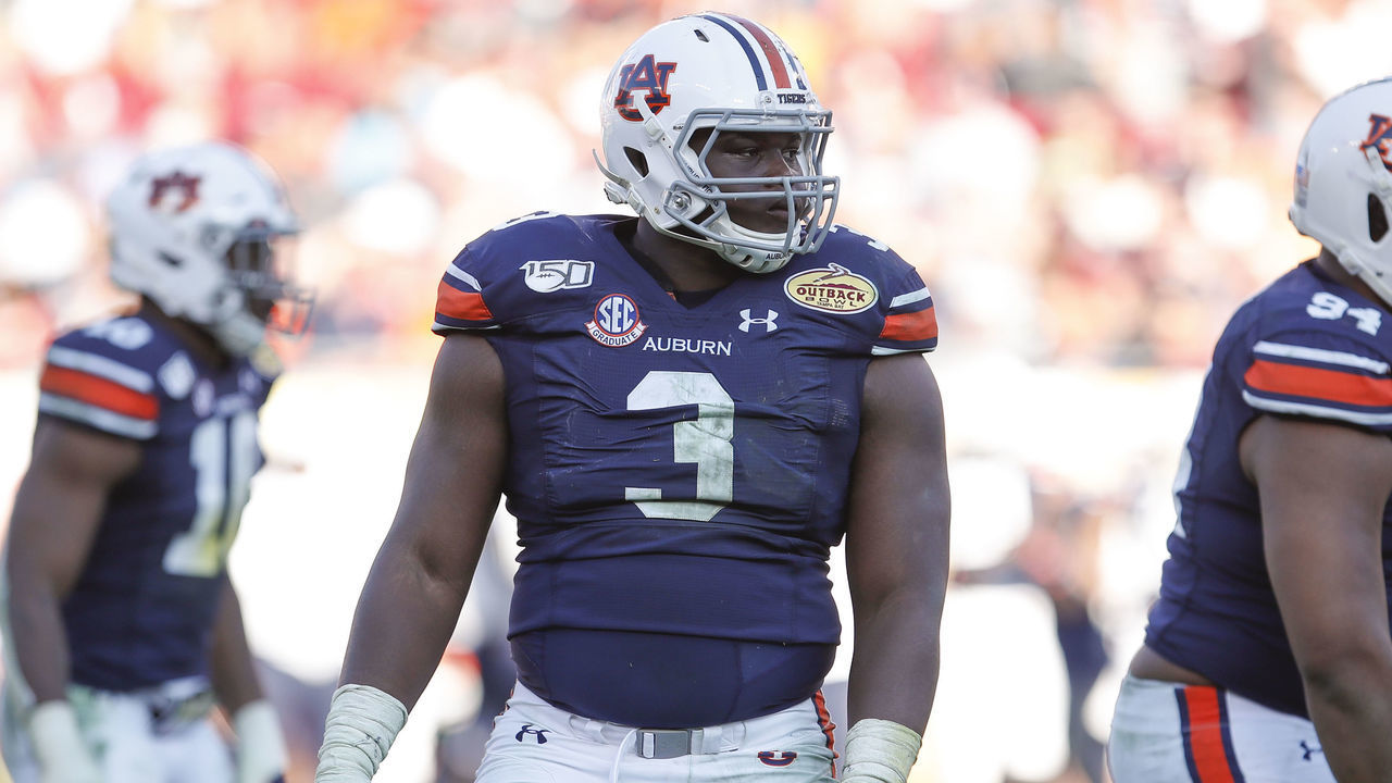TAMPA, FL - JANUARY 01: Auburn Tigers defensive end Marlon Davidson (3) during the Outback Bowl between the Auburn Tigers and Minnesota Golden Gophers on January 01, 2020 at Raymond James Stadium in Tampa, FL.