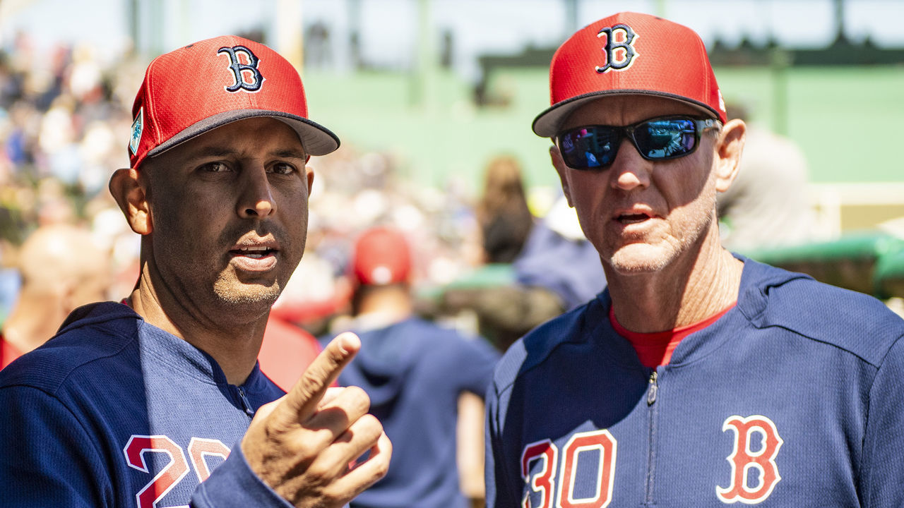 FT. MYERS, FL - MARCH 6: Manager Alex Cora and bench coach Ron Roenicke of the Boston Red Sox look on before a game against the Pittsburgh Pirates on March 6, 2019 at JetBlue Park at Fenway South in Fort Myers, Florida.