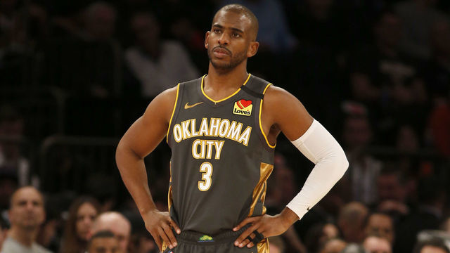 NEW YORK, NEW YORK - MARCH 06: (NEW YORK DAILIES OUT) Chris Paul #3 of the Oklahoma City Thunder in action against the New York Knicks at Madison Square Garden on March 06, 2020 in New York City. The Thunder defeated the Knicks 126-103.