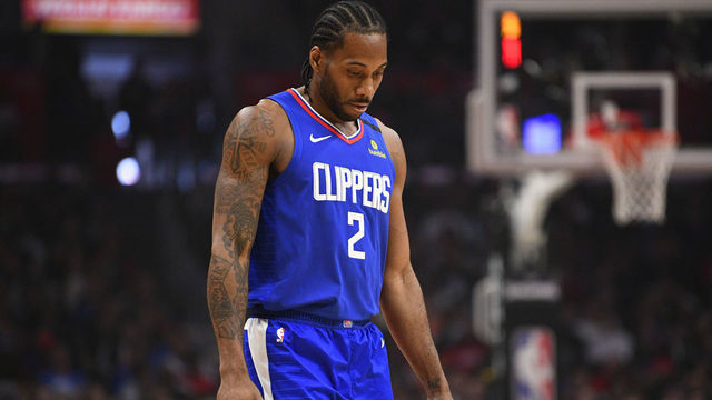 LOS ANGELES, CA - MARCH 01: Los Angeles Clippers Guard Kawhi Leonard (2) looks down during a NBA game between the Philadelphia 76ers and the Los Angeles Clippers on March 1, 2020 at STAPLES Center in Los Angeles, CA.