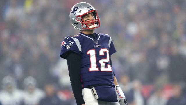 FOXBOROUGH, MASSACHUSETTS - JANUARY 04: Tom Brady #12 of the New England Patriots reacts during the the AFC Wild Card Playoff game against the Tennessee Titans at Gillette Stadium on January 04, 2020 in Foxborough, Massachusetts.