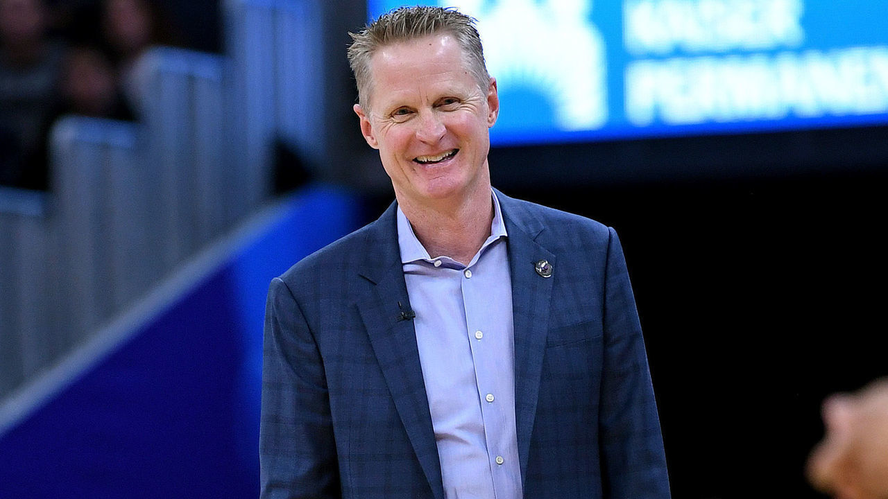 SAN FRANCISCO, CALIFORNIA - FEBRUARY 08: Head coach Steve Kerr of the Golden State Warriors looks on against the Los Angeles Lakers during the first half of an NBA basketball game at Chase Center on February 08, 2020 in San Francisco, California.
