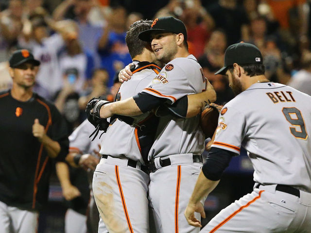 NEW YORK, NY - JUNE 09: Chris Heston #53 of the San Francisco Giants celebrates his no hitter with teamates against the New York Mets after their game at Citi Field on June 9, 2015 in New York City.