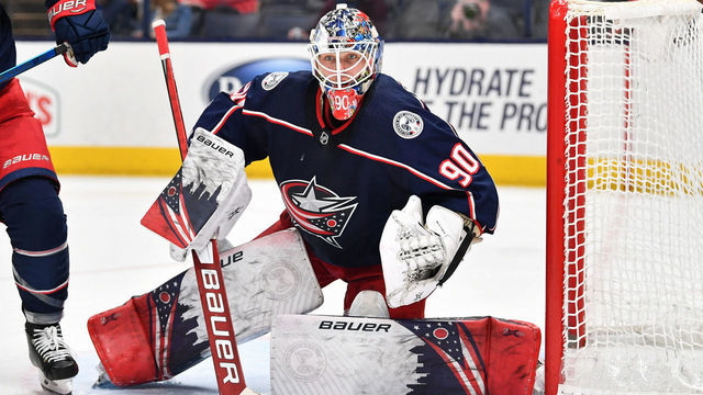 COLUMBUS, OH - FEBRUARY 24: Goaltender Elvis Merzlikins #90 of the Columbus Blue Jackets defends the net against the Ottawa Senators on February 24, 2020 at Nationwide Arena in Columbus, Ohio.