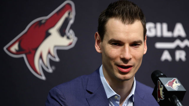 PHOENIX, ARIZONA - DECEMBER 18: General manager John Chayka of the Arizona Coyotes speaks during a press conference to introduce Taylor Hall (not pictured) at Gila River Arena on December 18, 2019 in Glendale, Arizona.