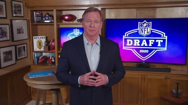 UNSPECIFIED LOCATION - APRIL 23: (EDITORIAL USE ONLY) In this still image from video provided by the NFL, NFL Commissioner Roger Goodell speaks from his home in Bronxville, New York during the first round of the 2020 NFL Draft on April 23, 2020.