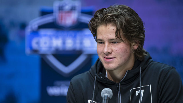 INDIANAPOLIS, IN - FEBRUARY 25: Justin Herbert #QB07 of the Oregon Ducks speaks to the media at the Indiana Convention Center on February 25, 2020 in Indianapolis, Indiana. *** Local Capture *** Justin Herbert