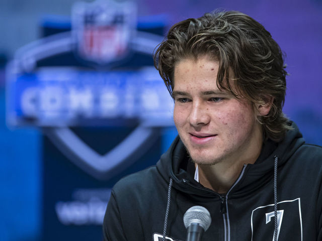 INDIANAPOLIS, IN - FEBRUARY 25: Justin Herbert #QB07 of the Oregon Ducks speaks to the media at the Indiana Convention Center on February 25, 2020 in Indianapolis, Indiana. *** Local Capture *** Justin Herbert
