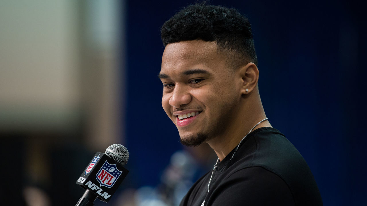 INDIANAPOLIS, IN - FEBRUARY 25: Alabama quarterback Tua Tagovailoa answers questions from the media during the NFL Scouting Combine on February 25, 2020 at the Indiana Convention Center in Indianapolis, IN.