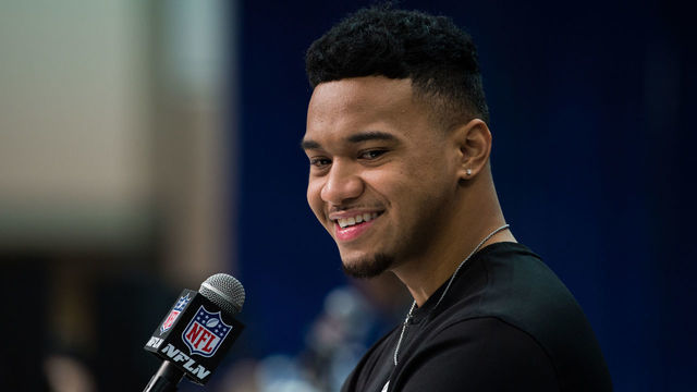 INDIANAPOLIS, IN - FEBRUARY 25: Alabama quarterback Tua Tagovailoa answers questions from the media during the NFL Scouting Combine on February 25, 2020 at the Indiana Convention Center in Indianapolis, IN.
