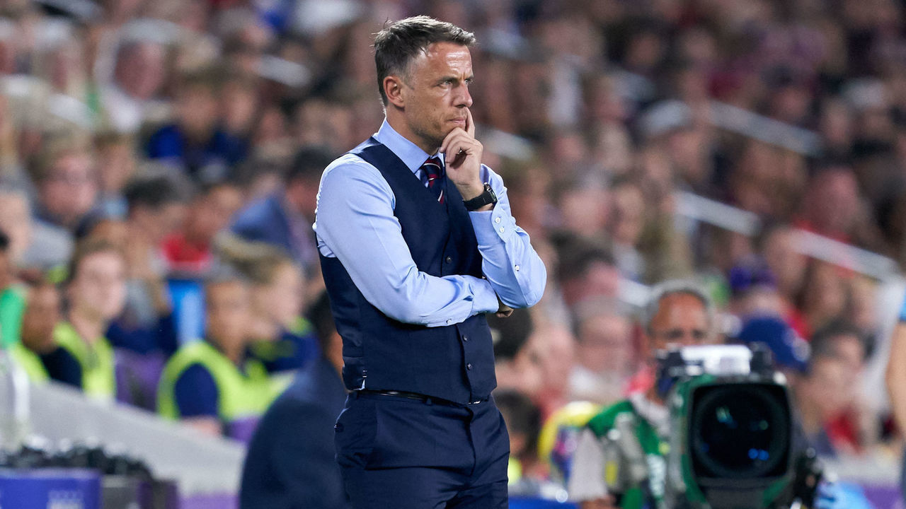 FRISCO, TX - MARCH 05: England head coach Phil Neville looks on during the Women's SheBelieves Cup match between the USA and England on March 05, 2020 at Exploria Stadium in Orlando, FL.