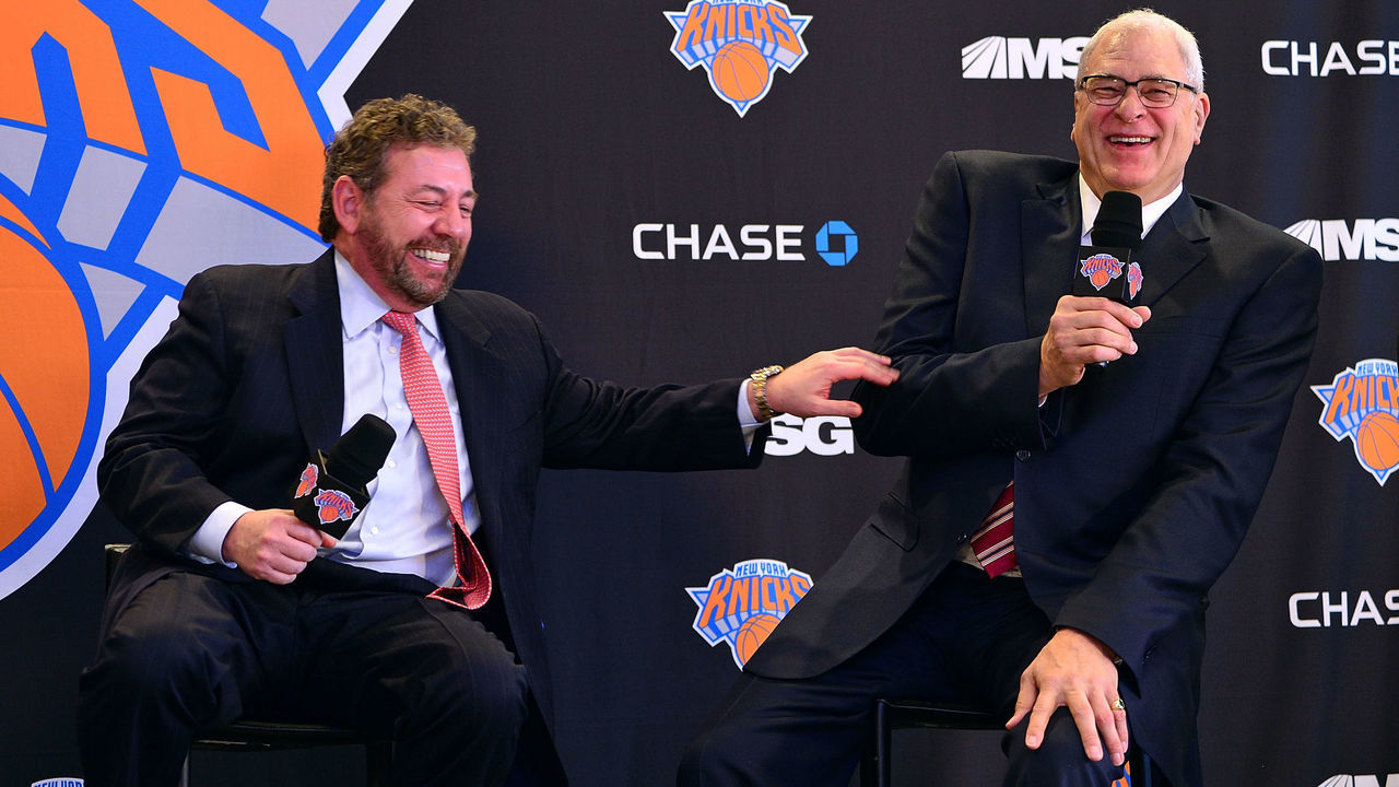 NEW YORK, NY - MARCH 18: James Dolan and Phil Jackson attend New York Knicks press conference announcing Phil Jackson as team President at Madison Square Garden on March 18, 2014 in New York City.
