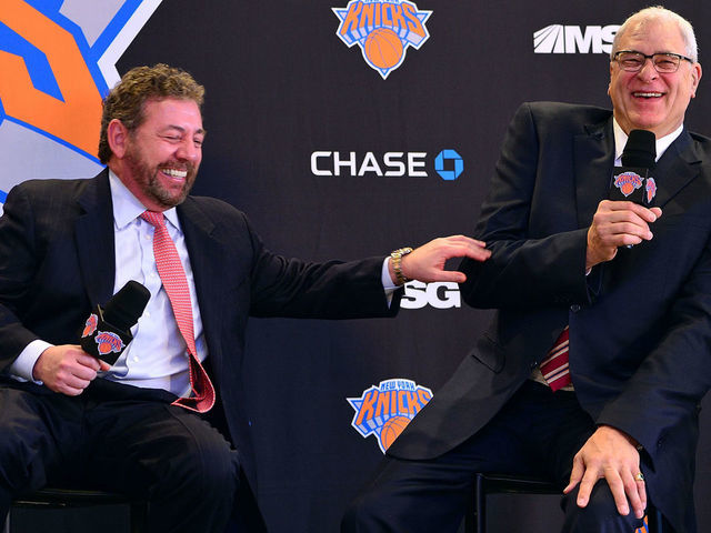 NEW YORK, NY - MARCH 18: James Dolan and Phil Jackson attend New York Knicks press conference announcing Phil Jackson as team President at Madison Square Garden on March 18, 2014 in New York City.