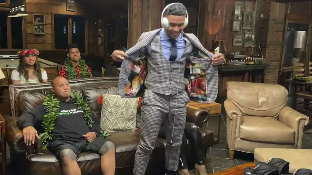 UNSPECIFIED LOCATION - APRIL 23: (EDITORIAL USE ONLY) In this still image from video provided by the NFL, Tua Tagovailoa shows off the lining of his jacket during the first round of the 2020 NFL Draft on April 23, 2020.