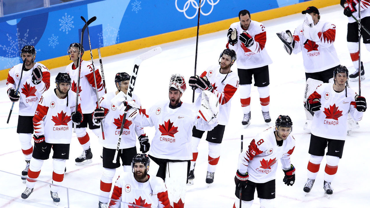 GANGNEUNG, SOUTH KOREA - FEBRUARY 24: Bronze medal winners Canada celebrate after defeating Czech Republic 6-4 during the Men's Bronze Medal Game on day fifteen of the PyeongChang 2018 Winter Olympic Games at Gangneung Hockey Centre on February 24, 2018 in Gangneung, South Korea.