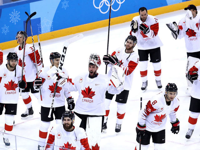 GANGNEUNG, SOUTH KOREA - FEBRUARY 24: Bronze medal winners Canada celebrate after defeating Czech Republic 6-4 during the Men's Bronze Medal Game on day fifteen of the PyeongChang 2018 Winter Olympic Games at Gangneung Hockey Centre on February 24, 2018 in Gangneung, South Korea.