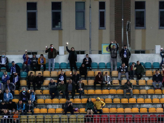 BREST, BELARUS - APRIL 12, 2020: Dinamo Brest football fans during a 2020 Belarusian Premier League Round 4 football match between Dinamo Brest and Isloch Minsk District at Brestsky Stadium. The Football Federation of Belarus has decided not to postpone the national football championship in connection with the pandemic of the novel coronavirus, with the 30th season of the Belarusian Premier League starting as scheduled on 19 March 2020. Natalia Fedosenko/TASS
