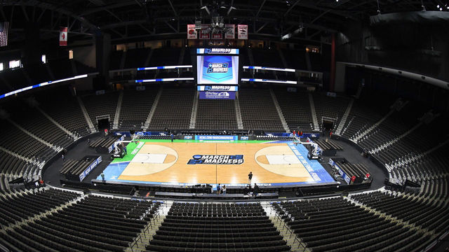 JACKSONVILLE, FL - MARCH 20: The NCAA March Madness logo on the floor during the NCAA Basketball First round practice session at the VyStar Veterans Memorial Arena on March 20, 2019 in Jacksonville, Florida.