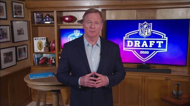 UNSPECIFIED LOCATION - APRIL 23: (EDITORIAL USE ONLY) In this still image from video provided by the NFL, NFL Commissioner Roger Goodell speaks from his home in Bronxville, New York during the first round of the 2020 NFL Draft on April 23, 2020.