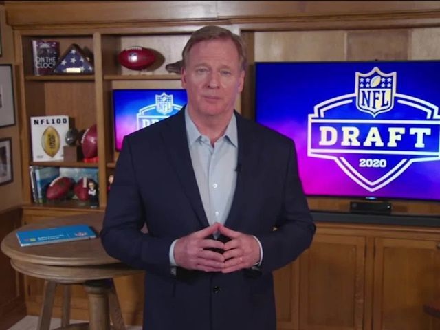 UNSPECIFIED LOCATION - APRIL 23: (EDITORIAL USE ONLY) In this still image from video provided by the NFL, NFL Commissioner Roger Goodell speaks from his home in Bronxville, New York during the first round of the 2020 NFL Draft on April 23, 2020.