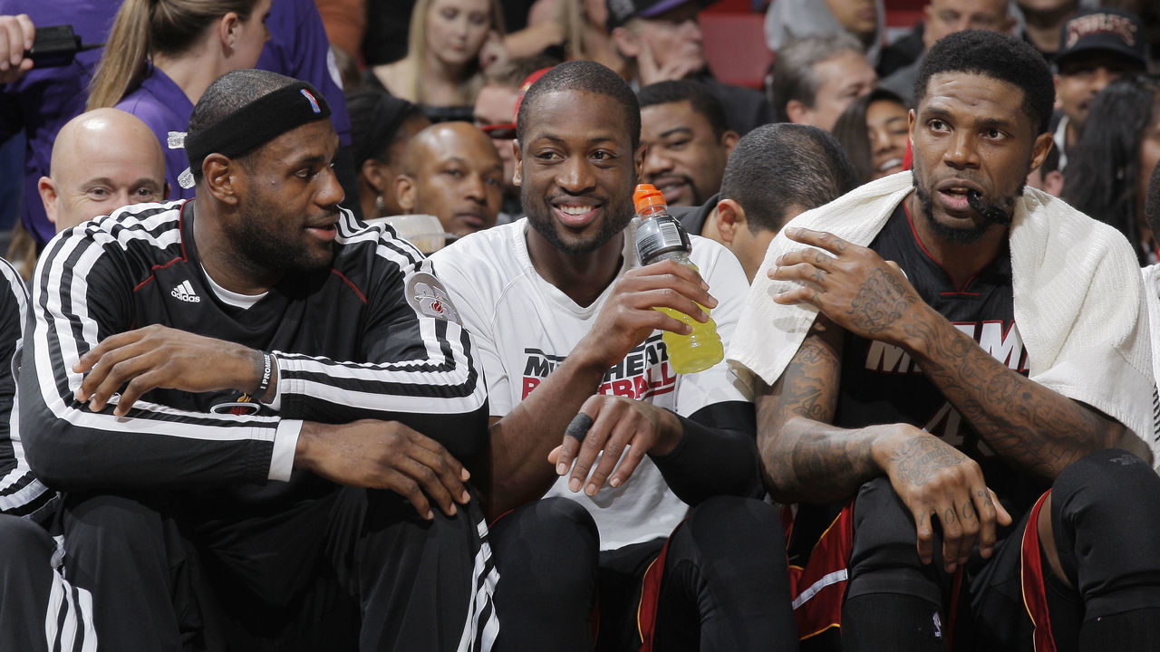 SACRAMENTO, CA - JANUARY 12: LeBron James #6, Dwyane Wade #3 and Udonis Haslem #40 of the Miami Heat in a game against the Sacramento Kings on January 12, 2013 at Sleep Train Arena in Sacramento, California. NOTE TO USER: User expressly acknowledges and agrees that, by downloading and or using this photograph, User is consenting to the terms and conditions of the Getty Images Agreement. Mandatory Copyright Notice: Copyright 2013 NBAE