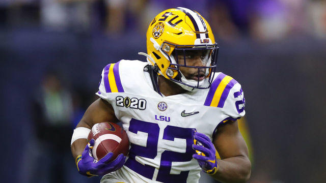 NEW ORLEANS, LA - JANUARY 13: LSU Tigers running back Clyde Edwards-Helaire (22) rushes during the second half of the College Football Playoff National Championship Game between the LSU Tigers and the Clemson Tigers on January 13, 2020 in New Orleans LA.