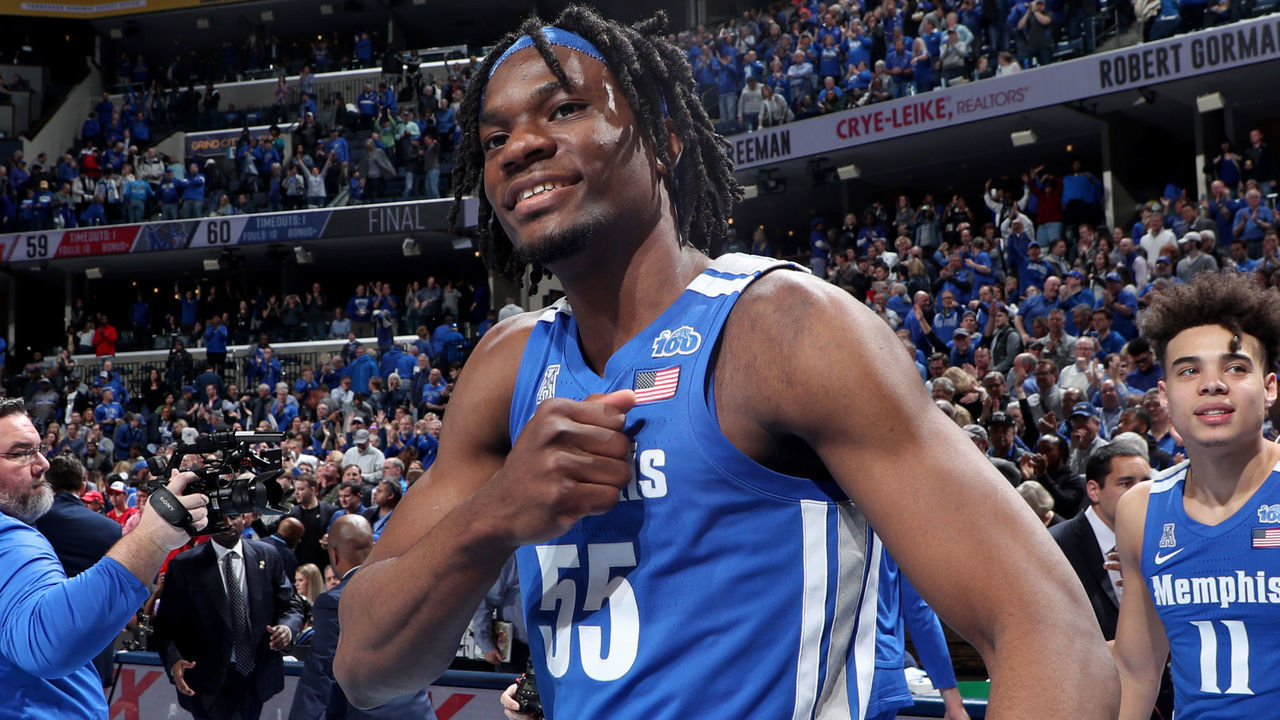 MEMPHIS, TN - FEBRUARY 22: Precious Achiuwa #55 of the Memphis Tigers celebrates against the Houston Cougars during a game at FedExForum on February 22, 2020 in Memphis, Tennessee. Memphis defeated Houston 60-59.
