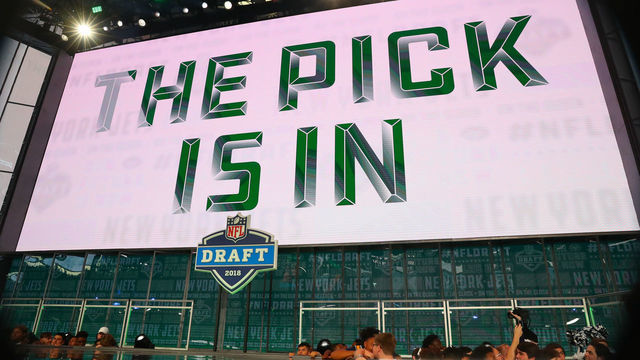 ARLINGTON, TX - APRIL 26: The Pick is In logo on the video board during the first round at the 2018 NFL Draft at AT&T Statium on April 26, 2018 at AT&T Stadium in Arlington Texas.