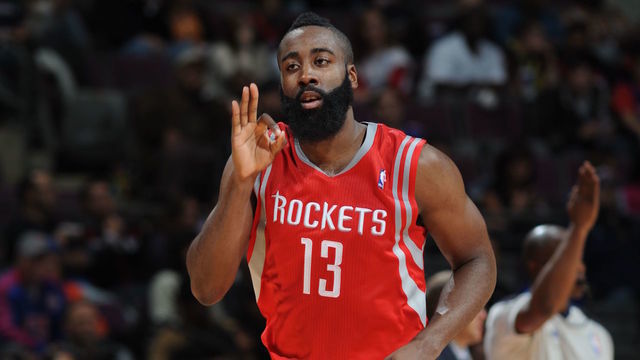 AUBURN HILLS, MI - OCTOBER 31: James Harden #13 of the Houston Rockets hits a three pointer during the game against the Detroit Pistons on October 31, 2012 at The Palace of Auburn Hills in Auburn Hills, Michigan. NOTE TO USER: User expressly acknowledges and agrees that, by downloading and/or using this photograph, User is consenting to the terms and conditions of the Getty Images License Agreement. Mandatory Copyright Notice: Copyright 2012 NBAE