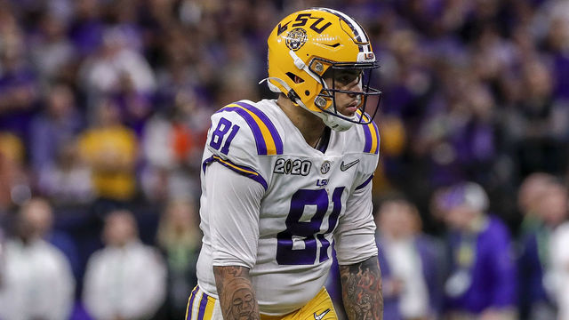 NEW ORLEANS, LA - JANUARY 13: Tight End Thaddeus Moss #81 of the LSU Tigers during the College Football Playoff National Championship game against the Clemson Tigers at the Mercedes-Benz Superdome on January 13, 2020 in New Orleans, Louisiana. LSU defeated Clemson 42 to 25.