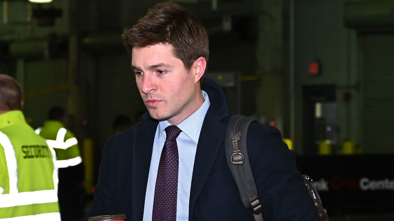 BUFFALO, NY - FEBRUARY 16: Toronto Maple Leafs General Manager Kyle Dubas arrives before an NHL game against the Buffalo Sabres on February 16, 2020 at KeyBank Center in Buffalo, New York.