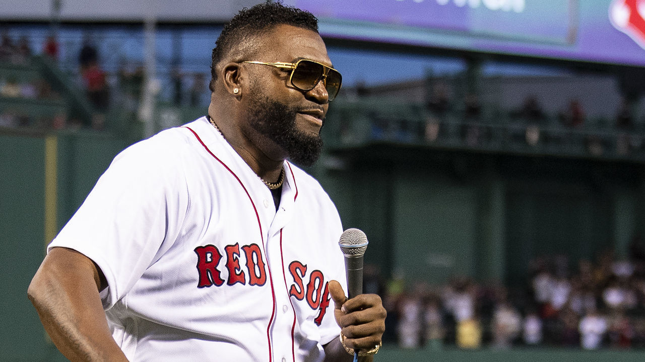 BOSTON, MA - SEPTEMBER 9: Former designated hitter David Ortiz #34 of the Boston Red Sox addresses the crowd after throwing out a ceremonial first pitch as he returns to Fenway Park before a game against the New York Yankees on September 9, 2019 at Fenway Park in Boston, Massachusetts.